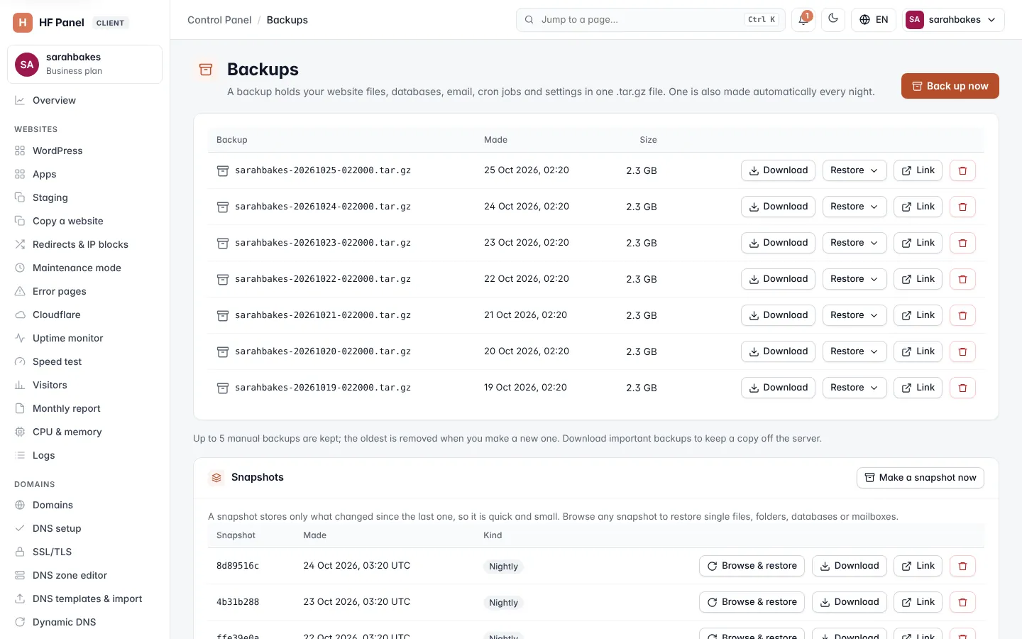 Backups screen