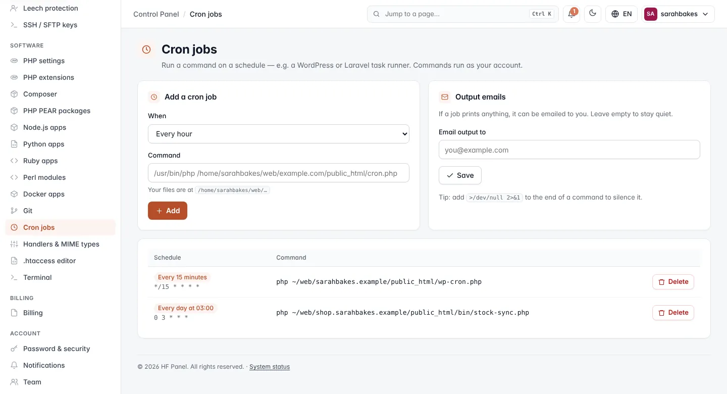 Cron jobs screen