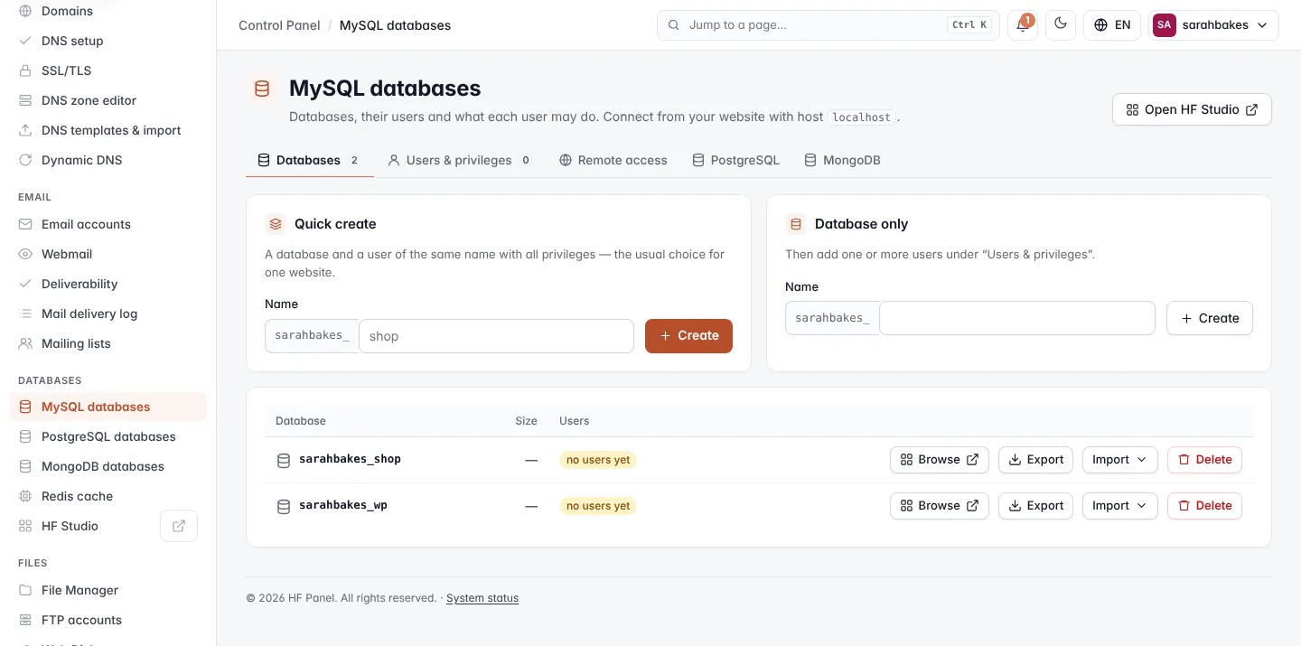 MySQL databases screen