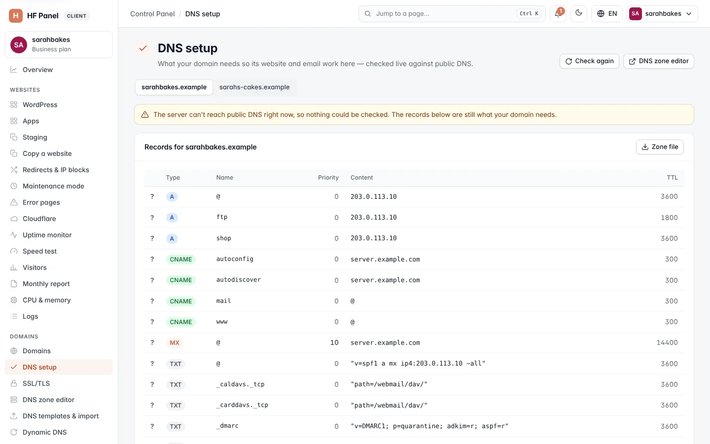 DNS setup screen