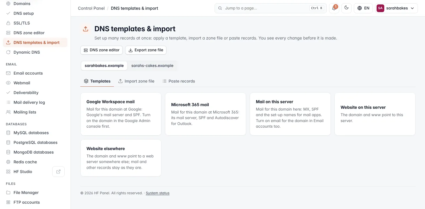 DNS templates & import screen