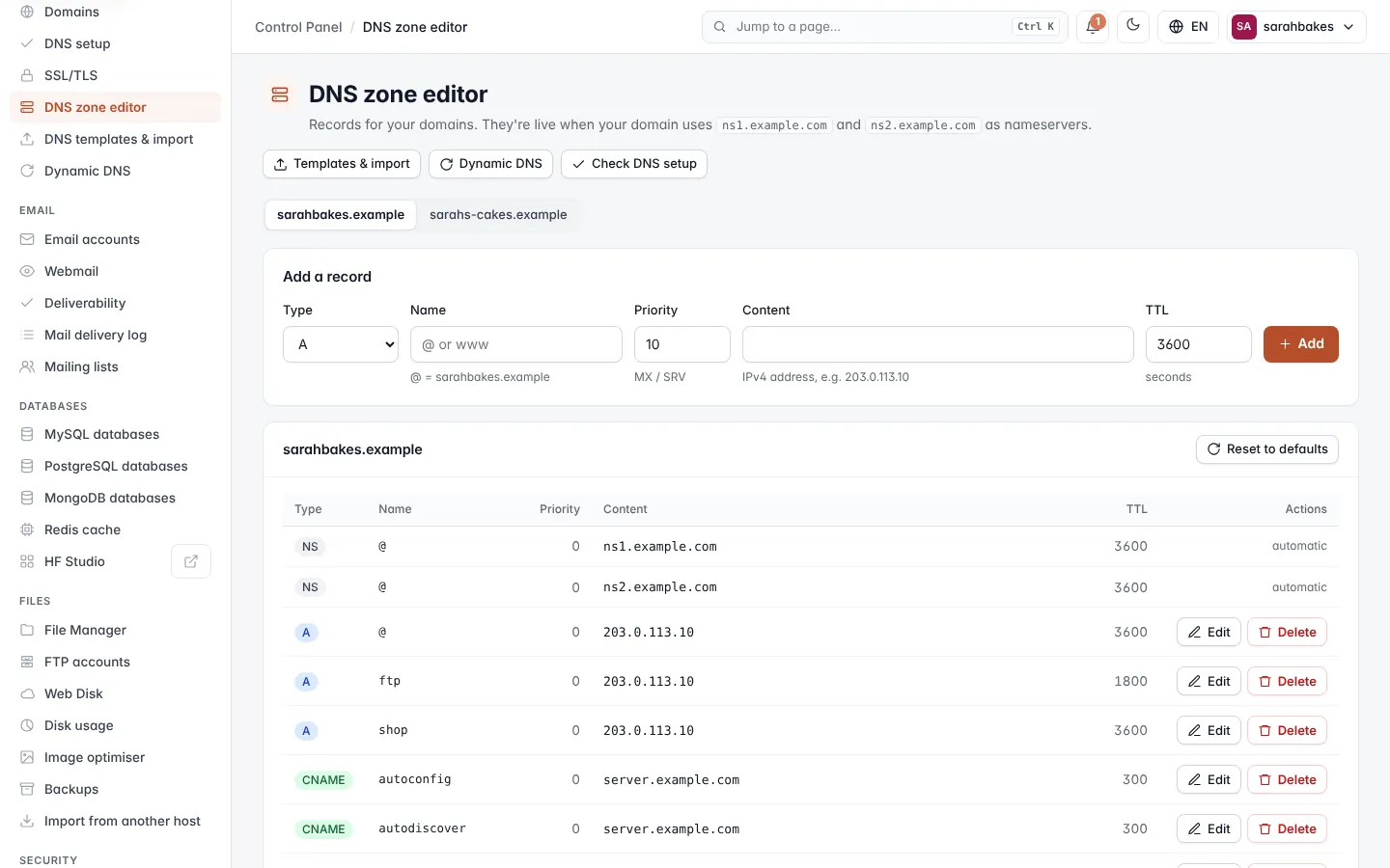 DNS zone editor screen