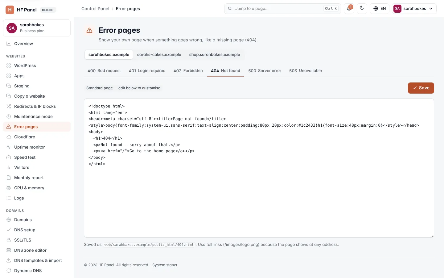 Error pages screen