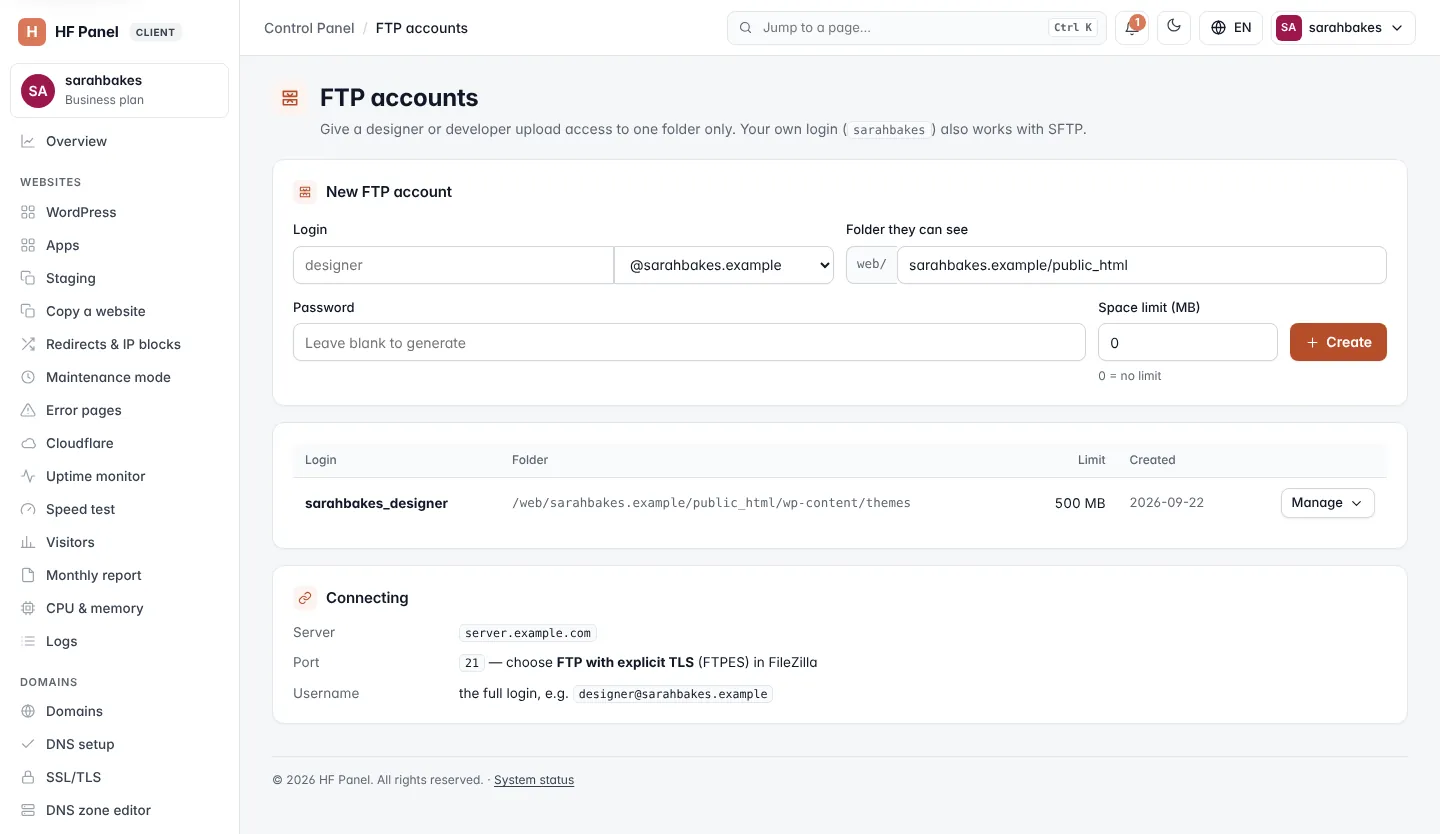 FTP accounts screen