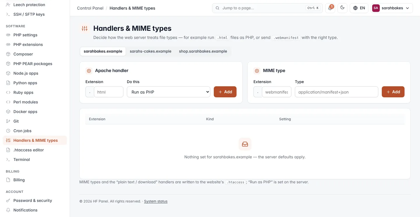 Handlers & MIME types screen