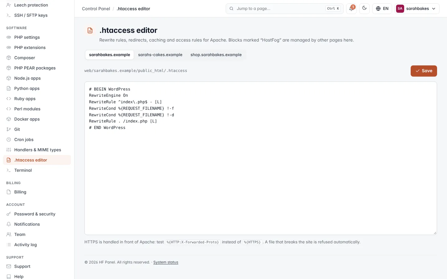 .htaccess editor screen