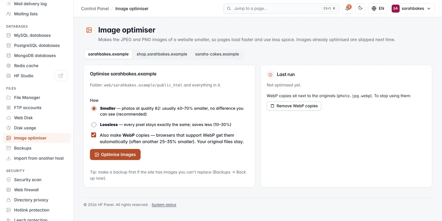 Image optimiser screen