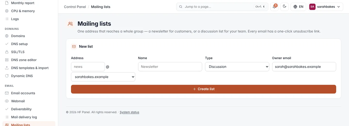 Mailing lists screen