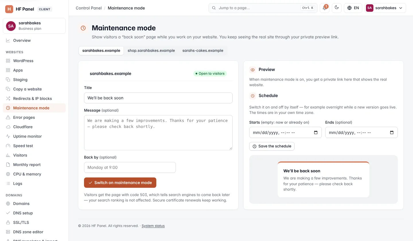 Maintenance mode screen