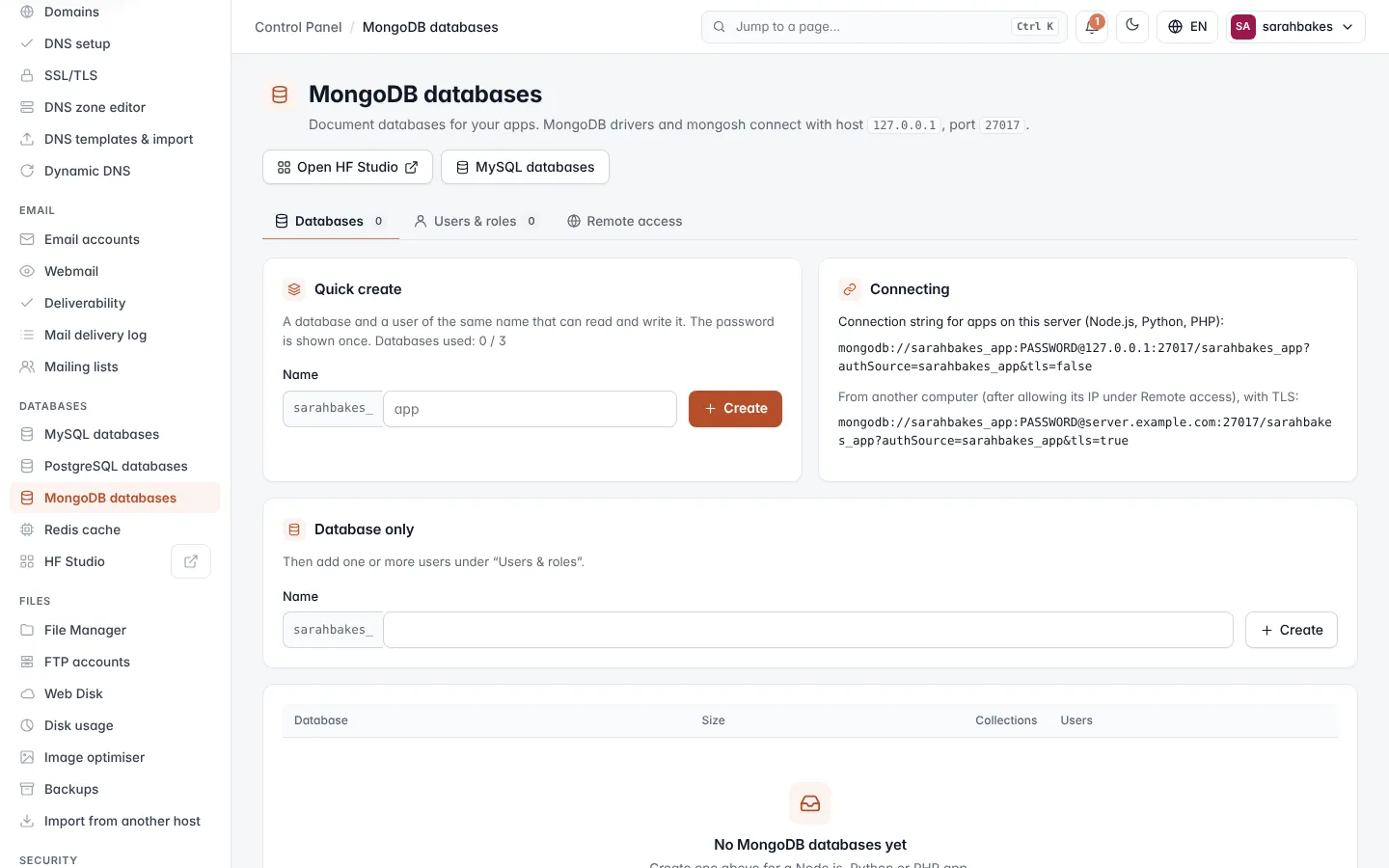 MongoDB databases screen