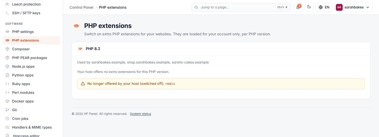 PHP extensions screen
