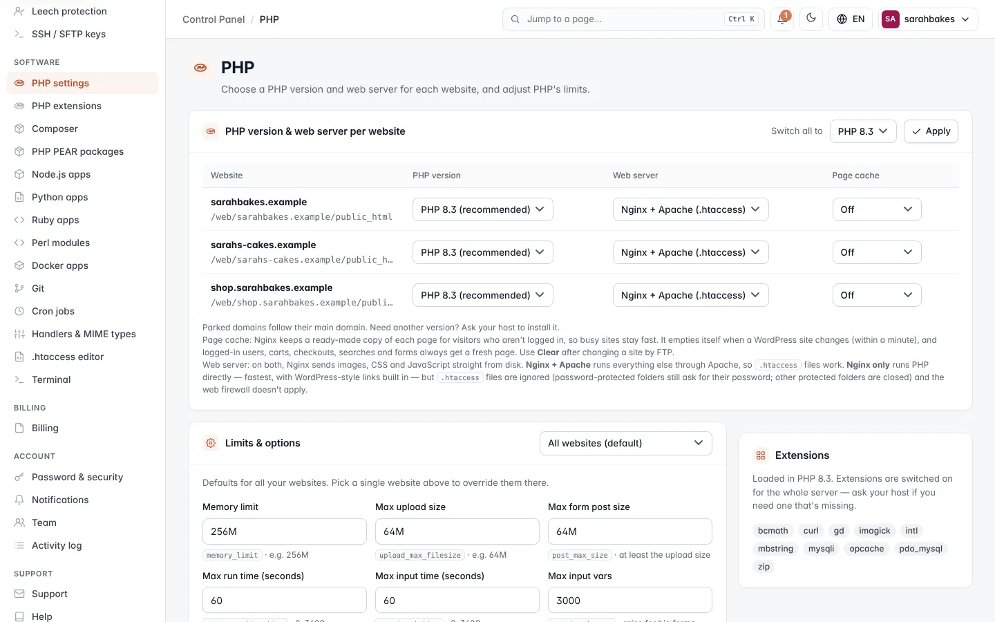 PHP settings screen