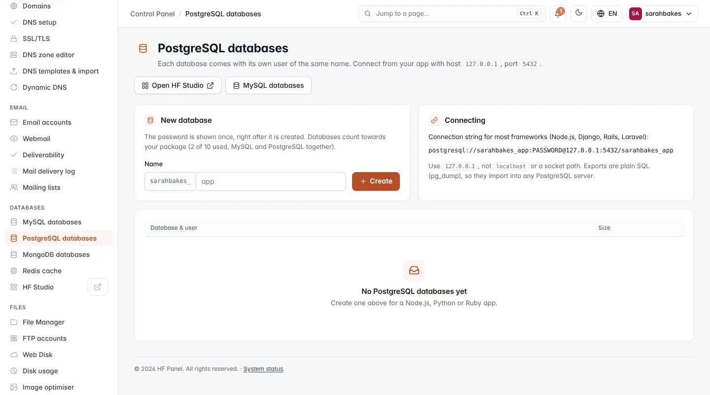 PostgreSQL databases screen