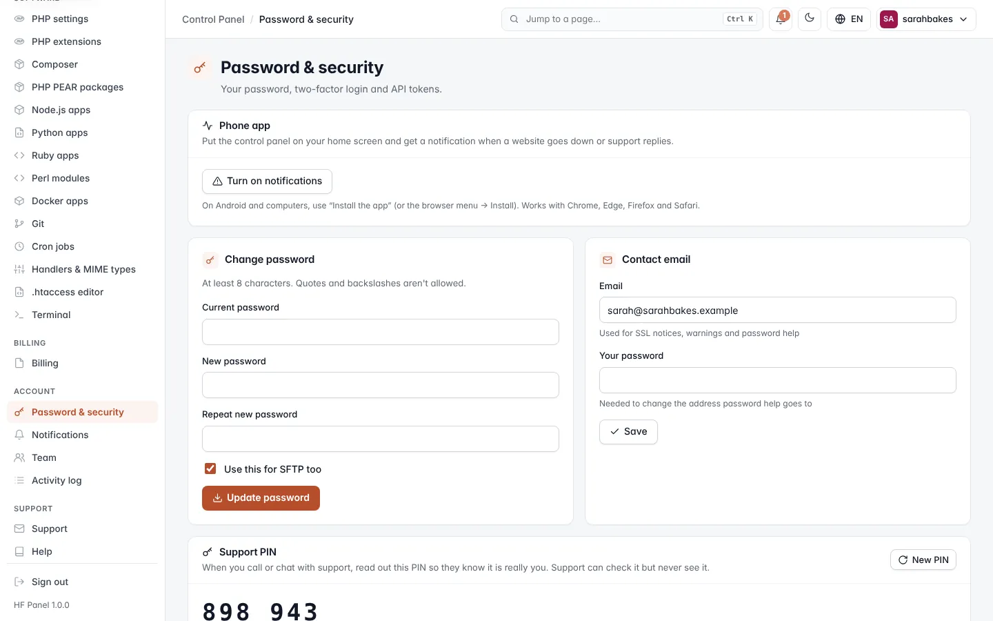 Password & security screen