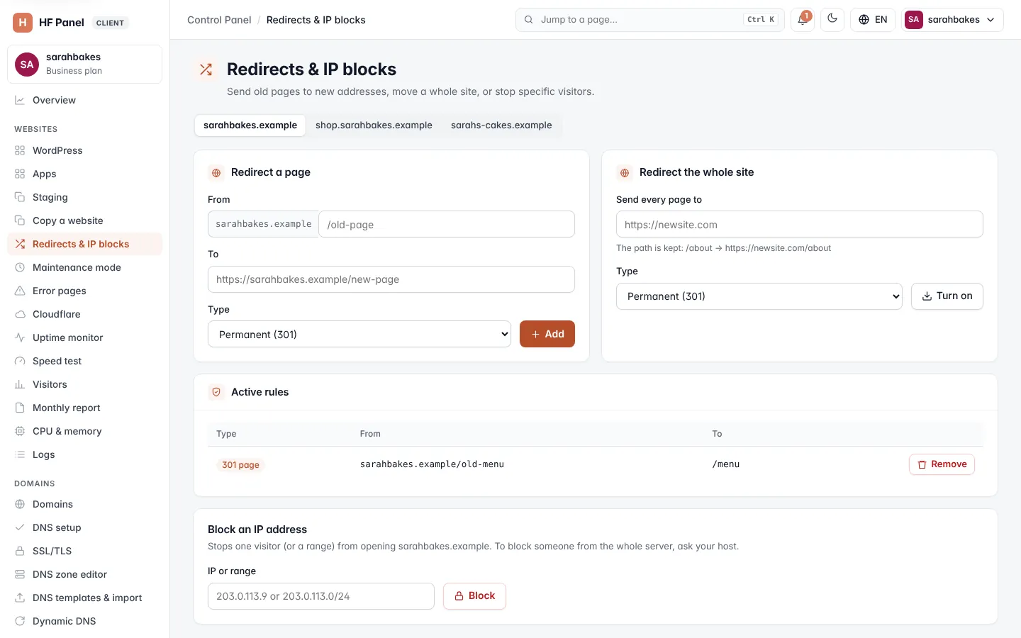 Redirects & IP blocks screen