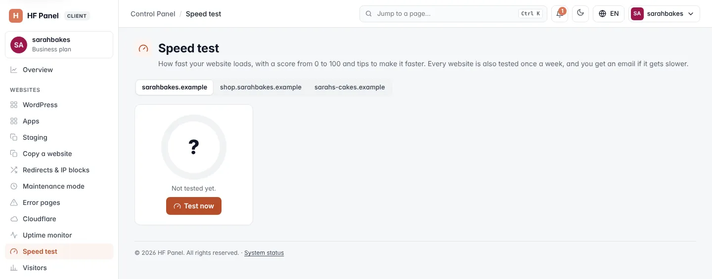 Speed test screen