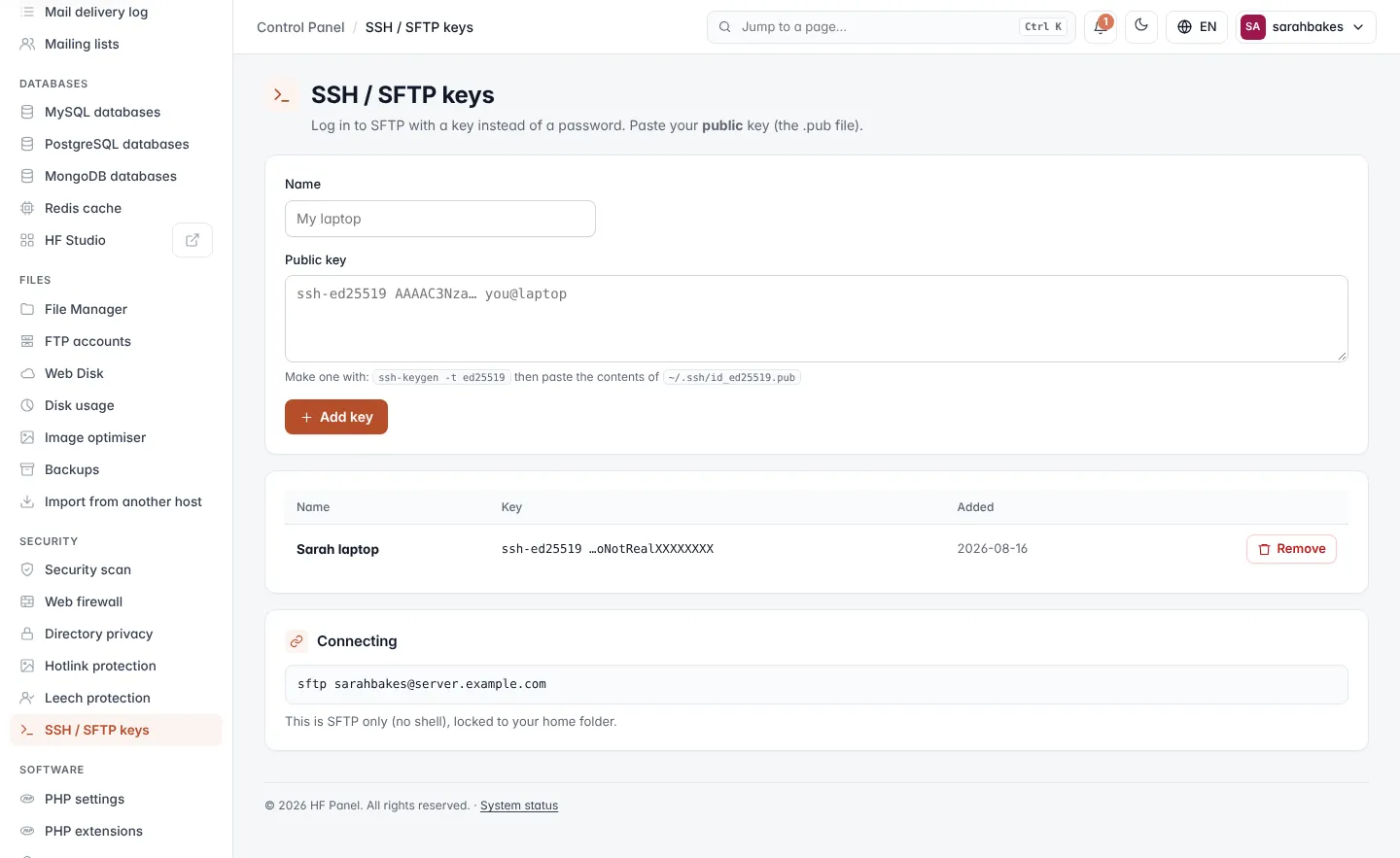 SSH / SFTP keys screen
