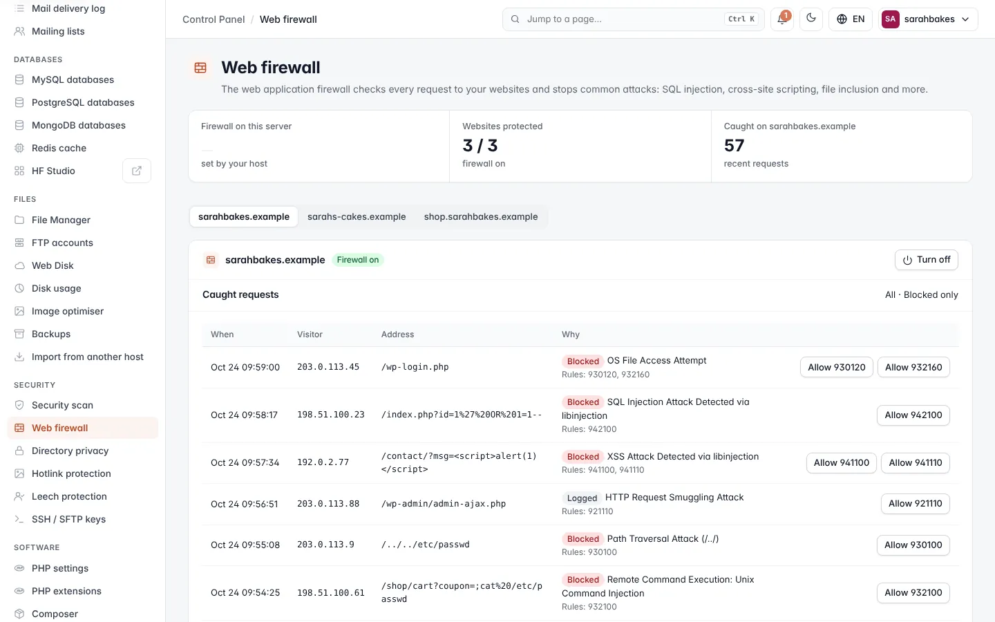 Web firewall screen