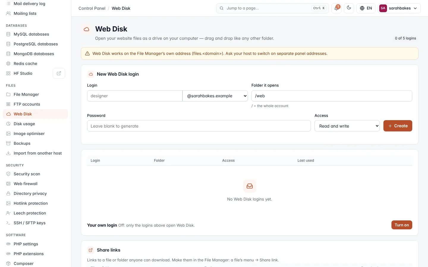 Web Disk screen