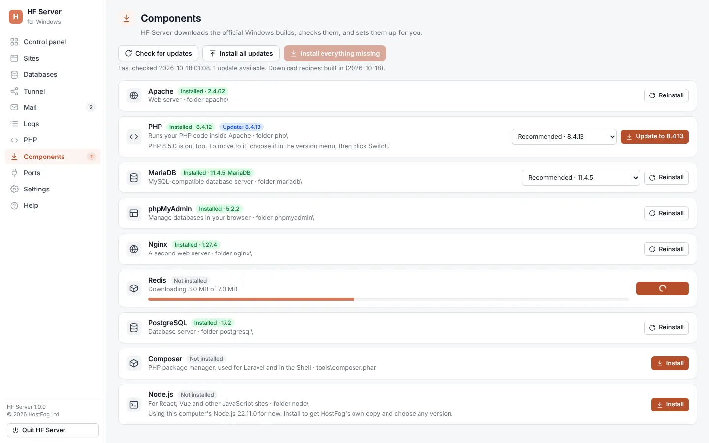 Components screen