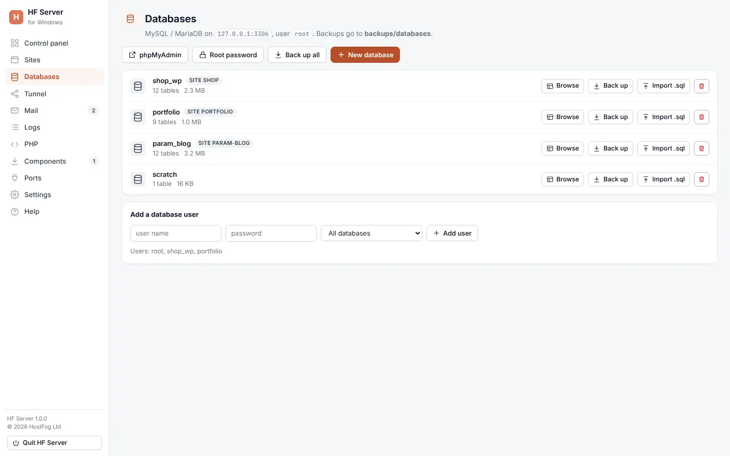 Databases screen