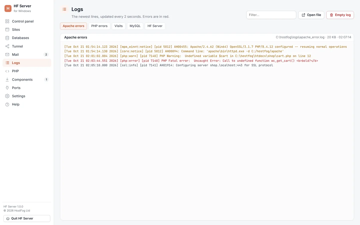 Logs screen