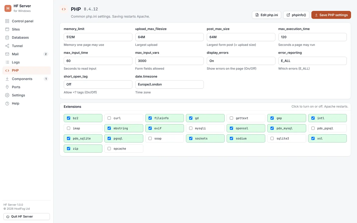 PHP settings screen