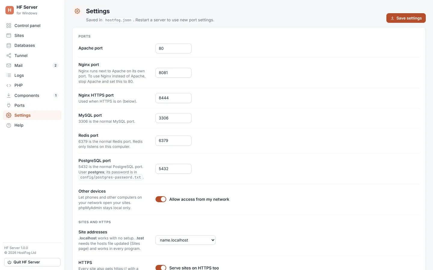 Settings screen