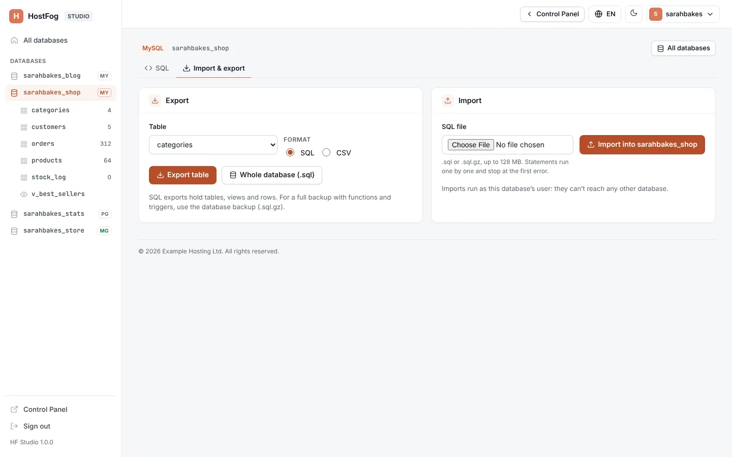 Import and export screen