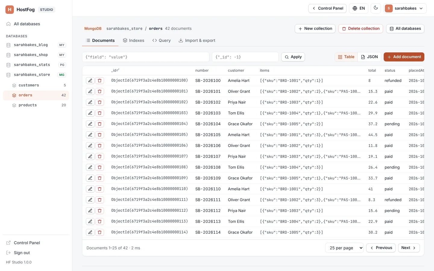 MongoDB in HF Studio screen