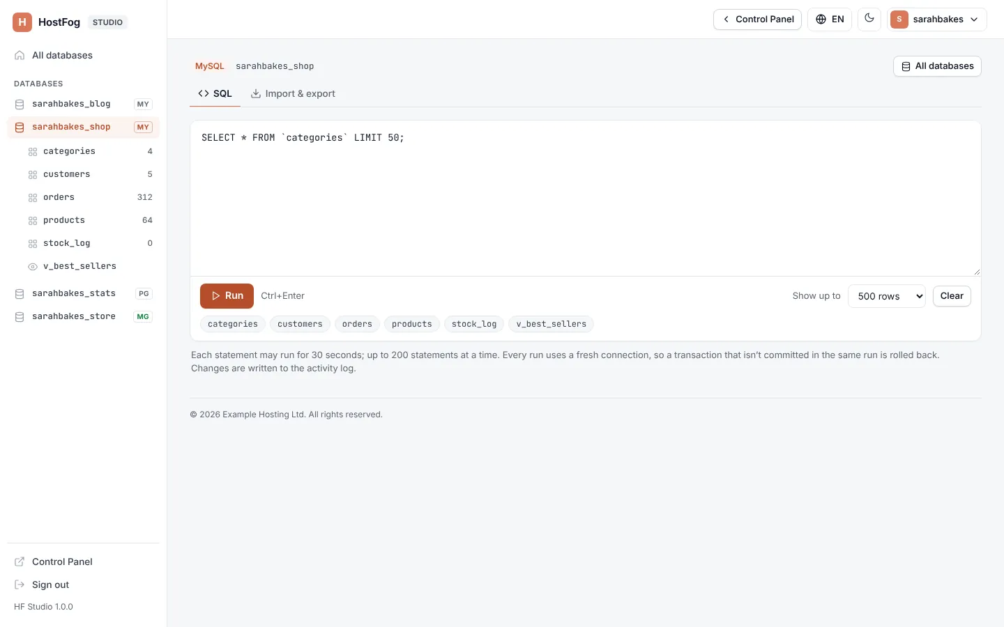 The SQL box screen