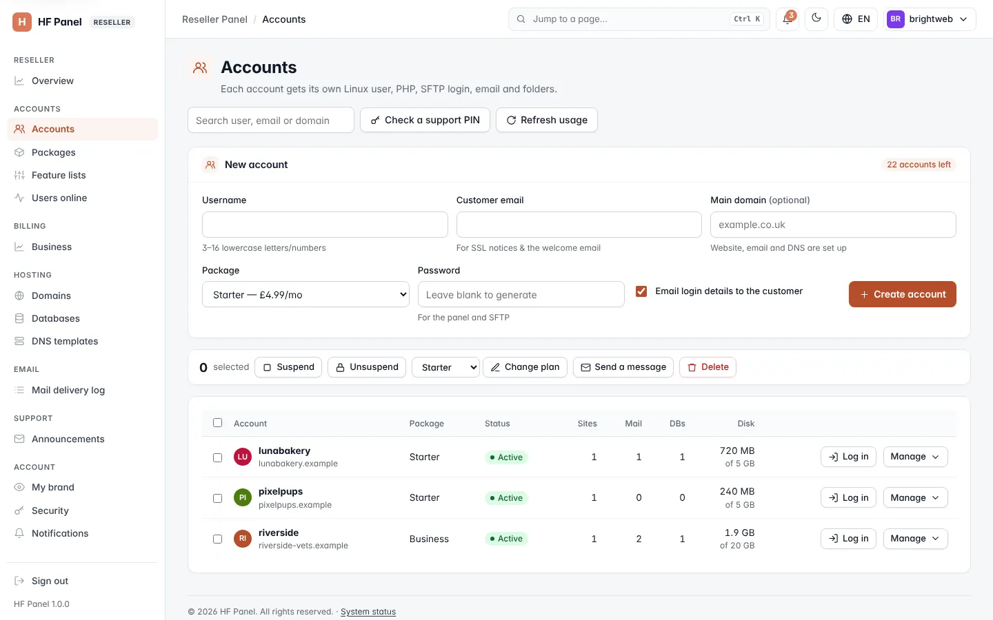 Accounts screen