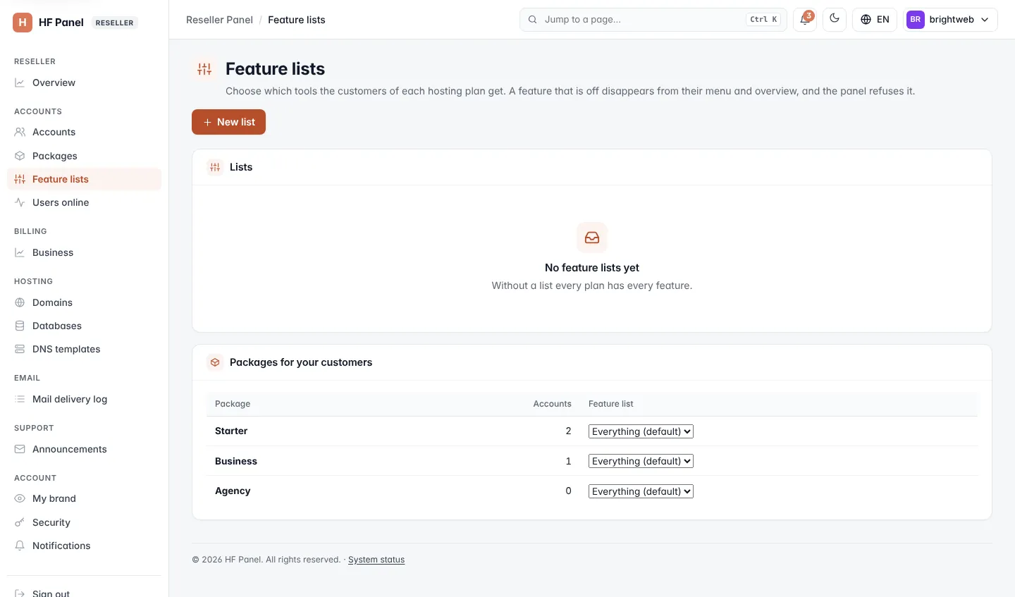 Feature lists screen