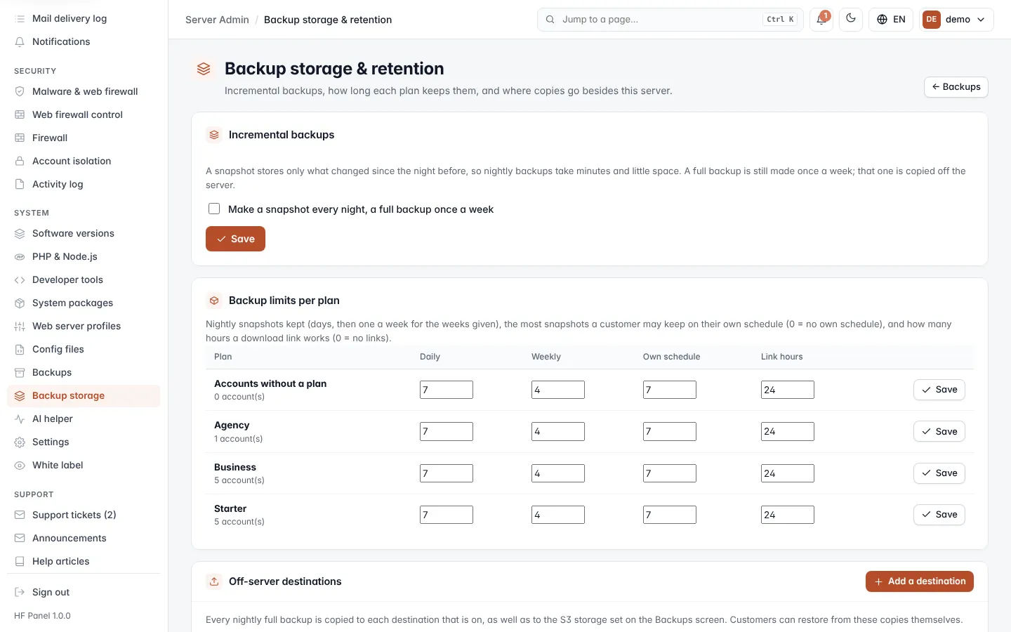 Backup storage screen