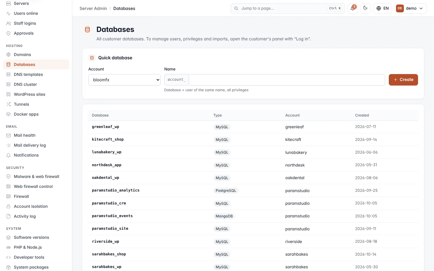 Databases screen