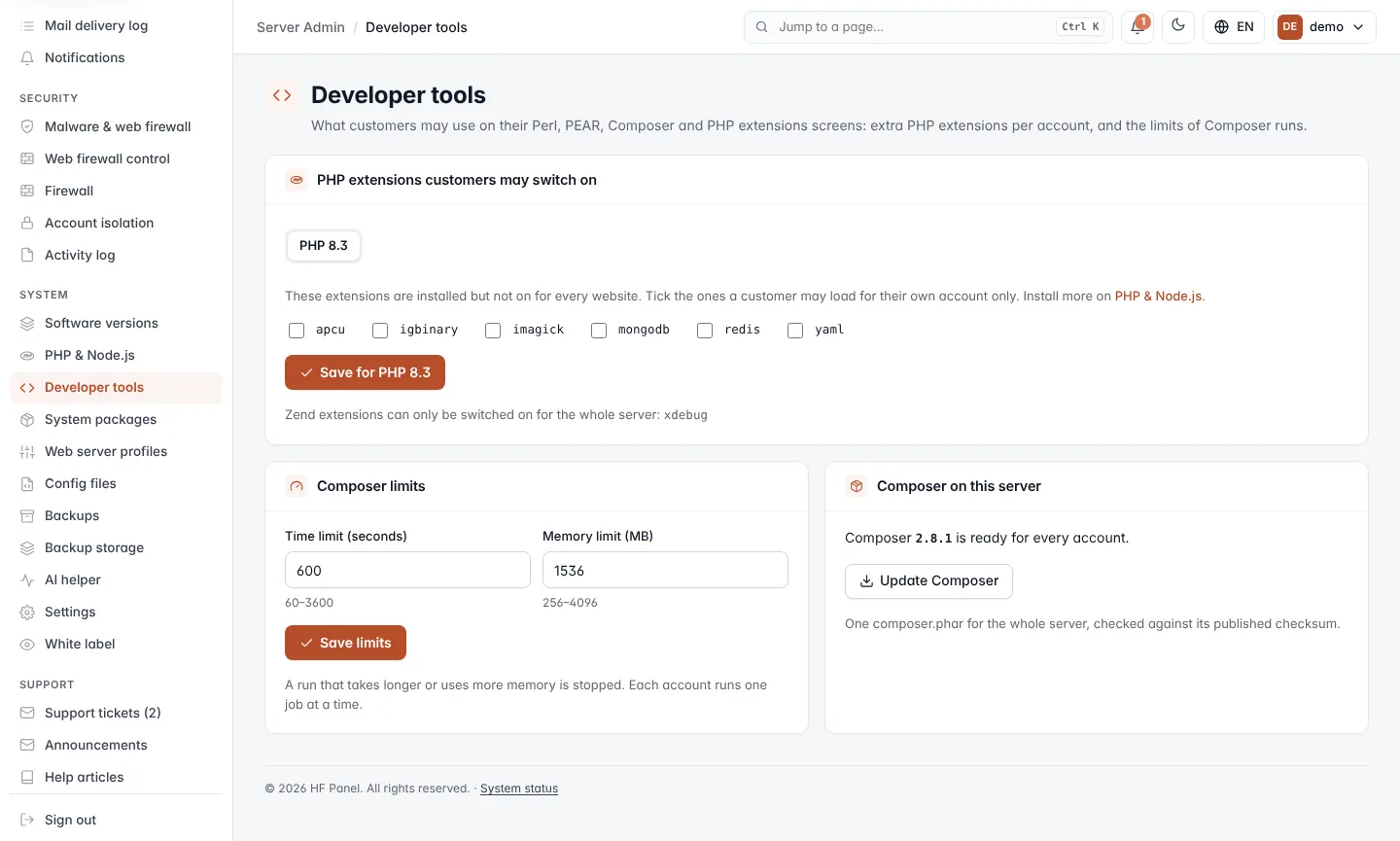 Developer tools screen