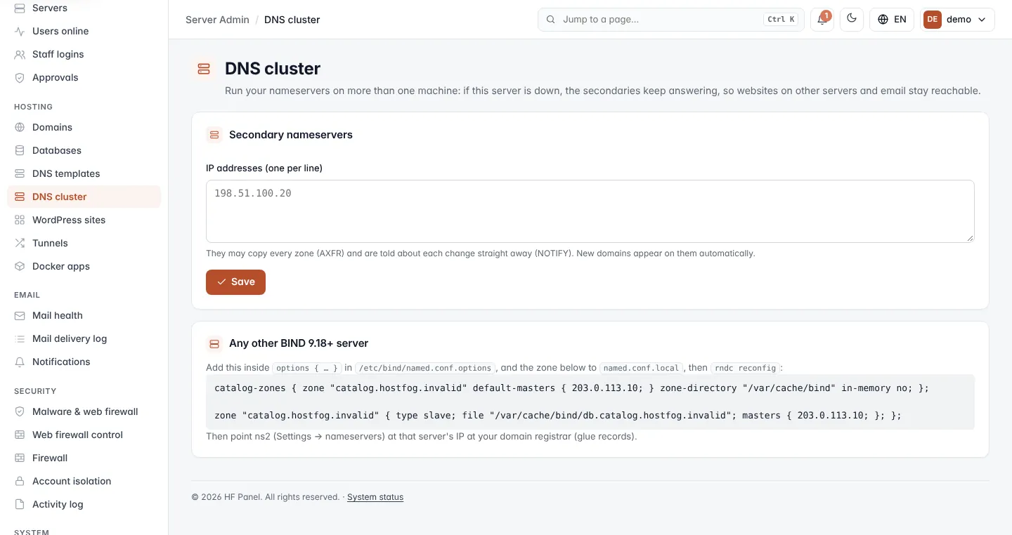 DNS cluster screen