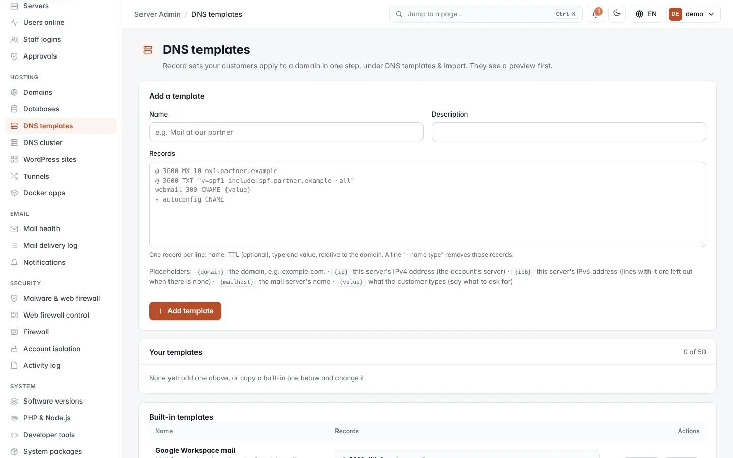 DNS templates screen
