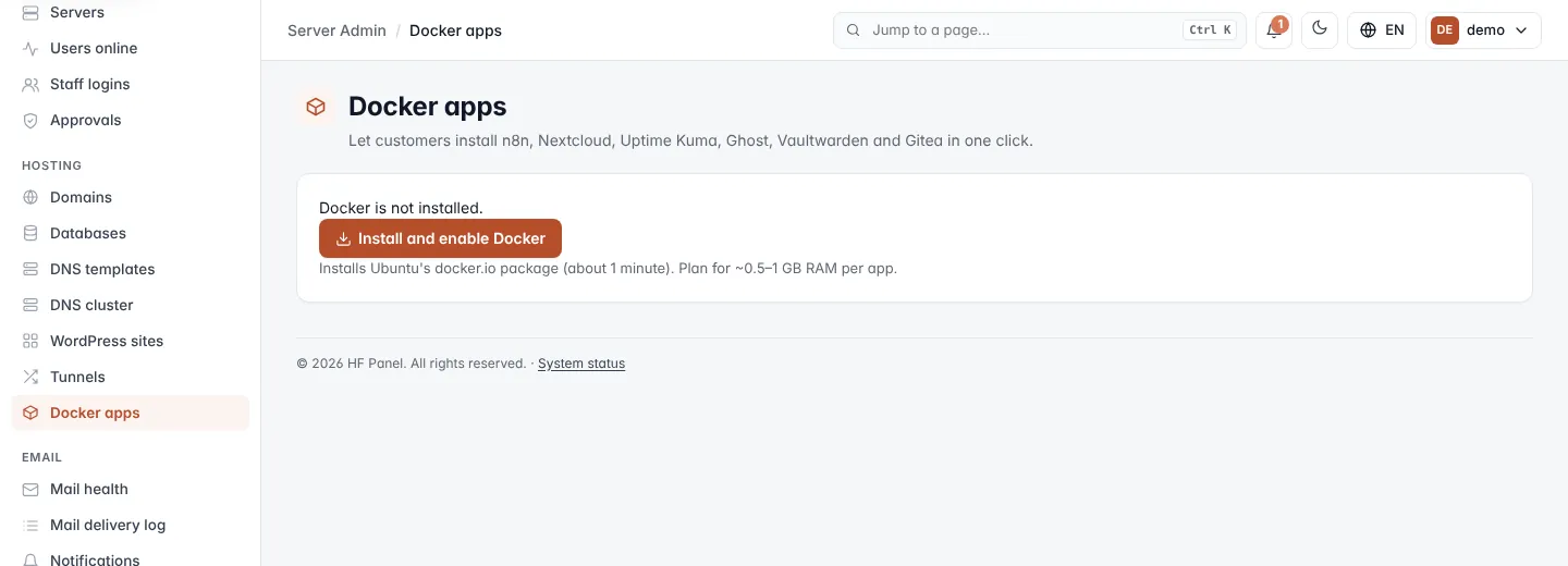 Docker apps screen