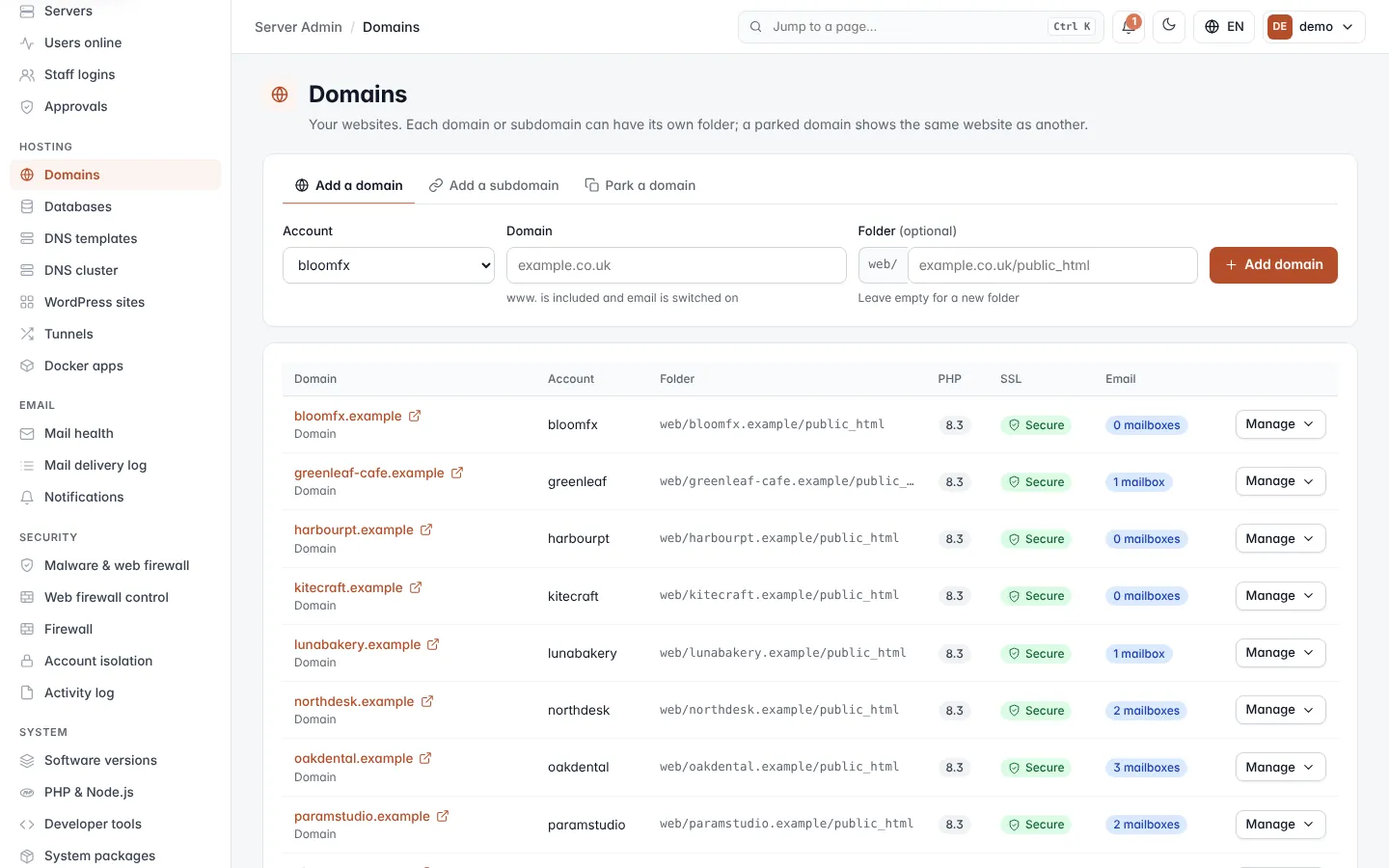 Domains screen
