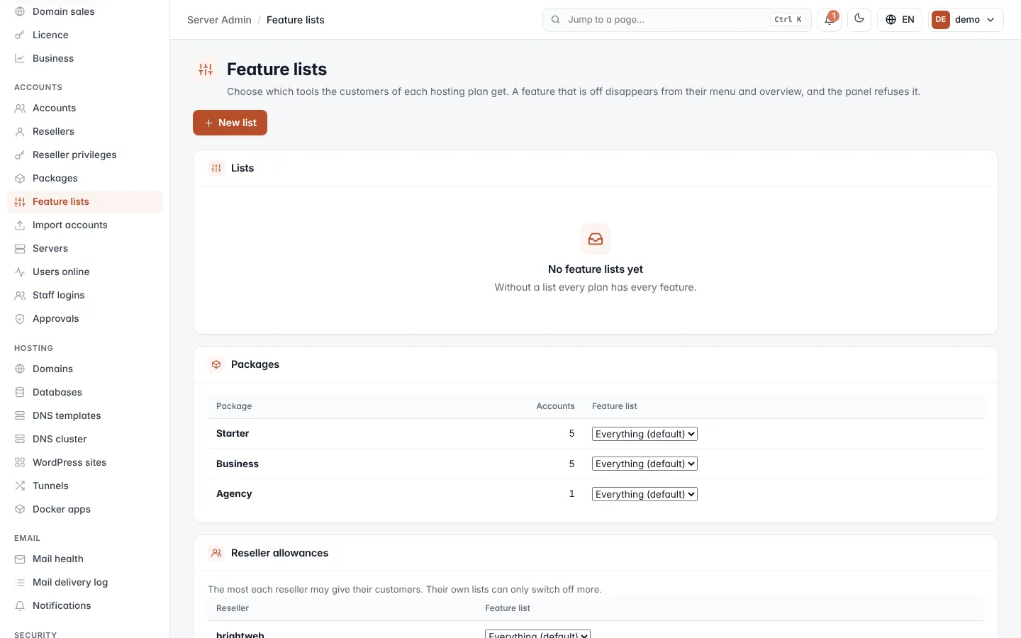 Feature lists screen