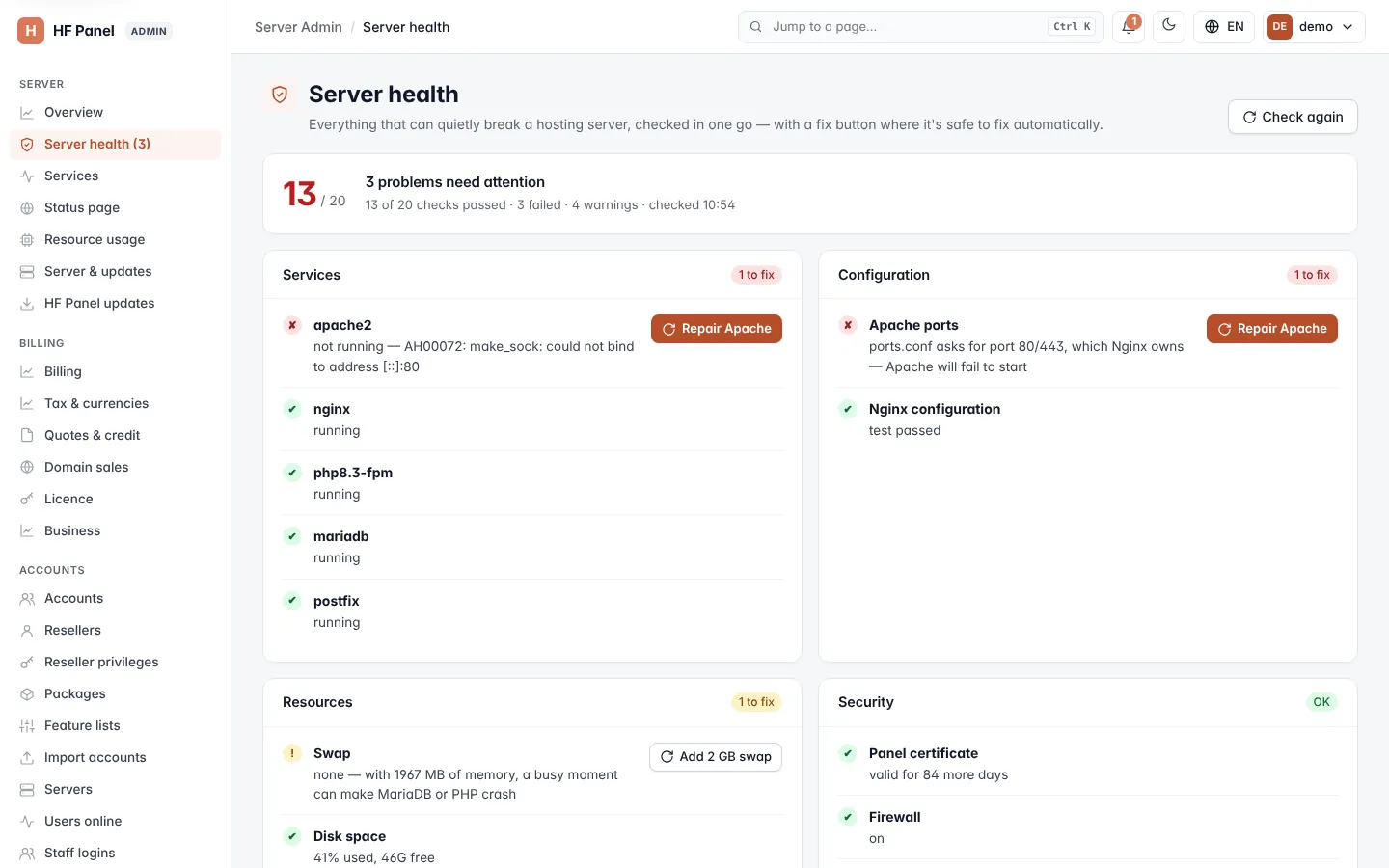 Server health screen
