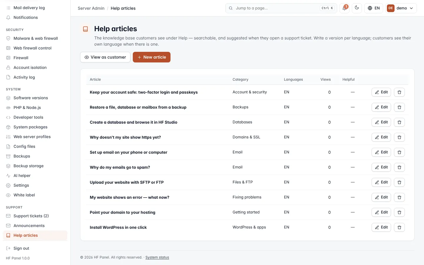 Help articles screen