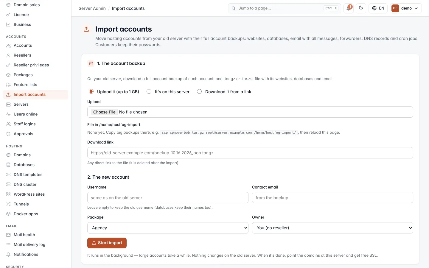 Import accounts screen