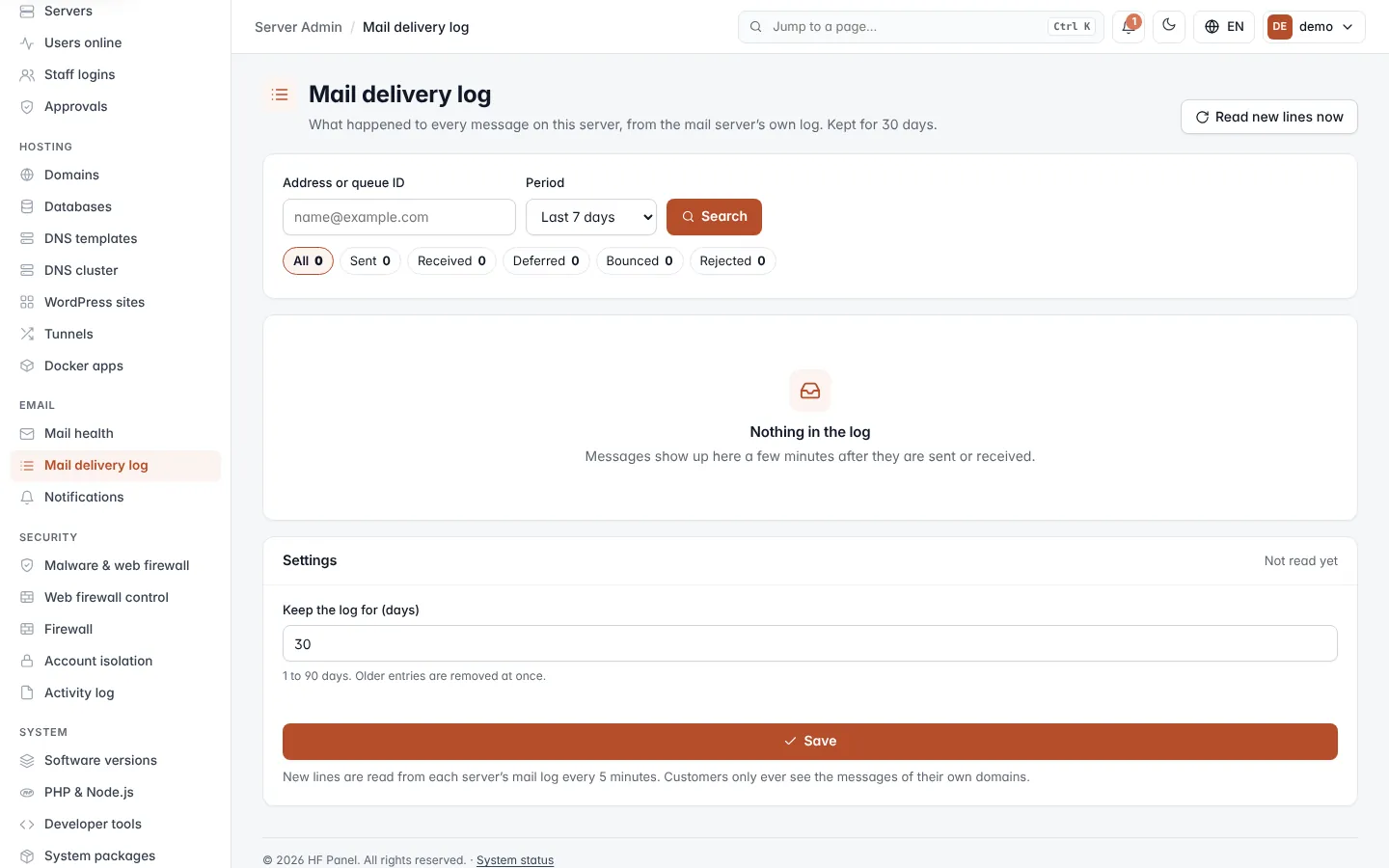 Mail delivery log screen