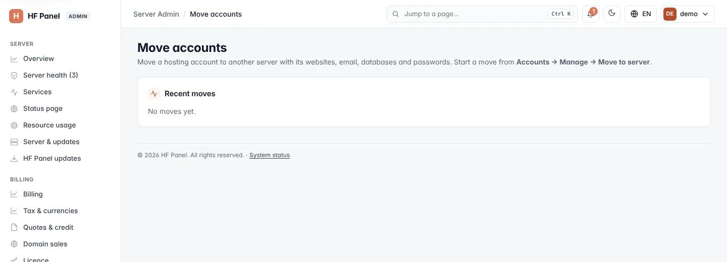 Move accounts screen