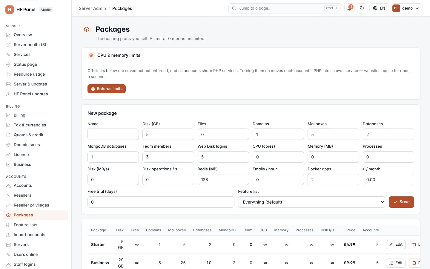 Packages screen
