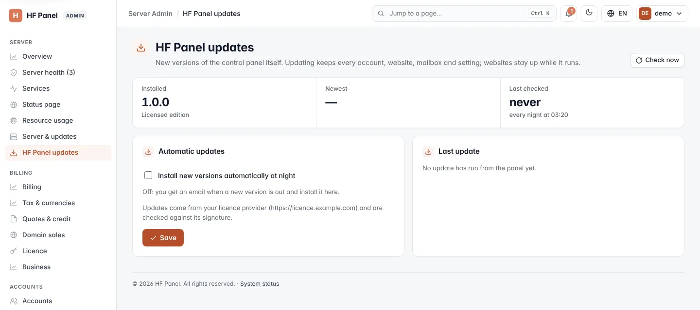 HF Panel updates screen