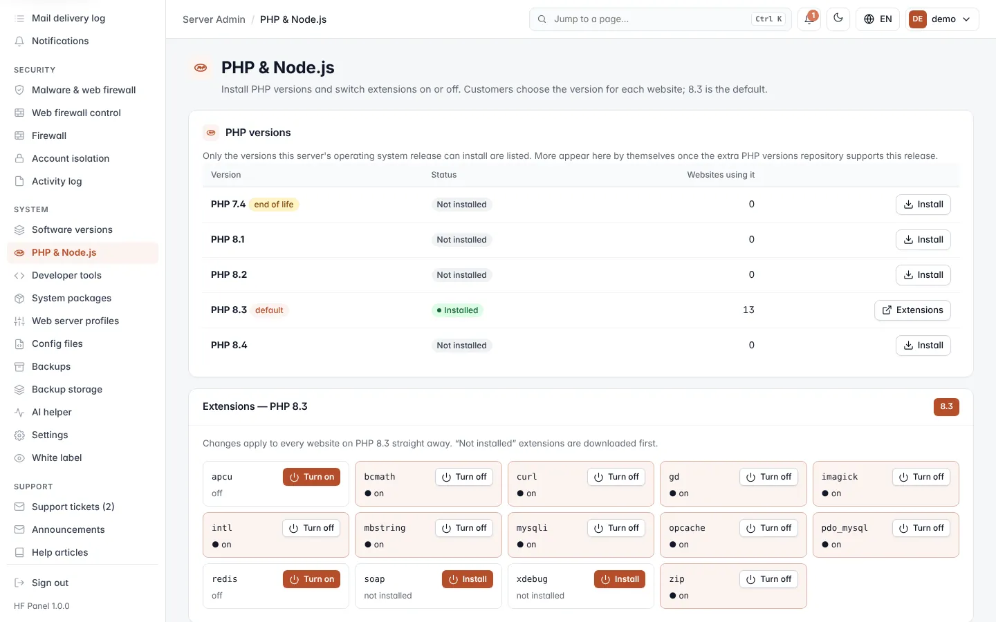 PHP & Node.js screen