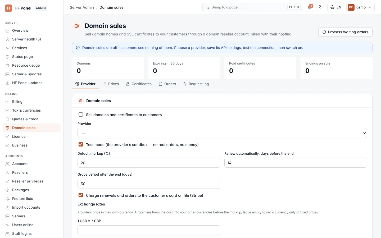 Domain sales screen